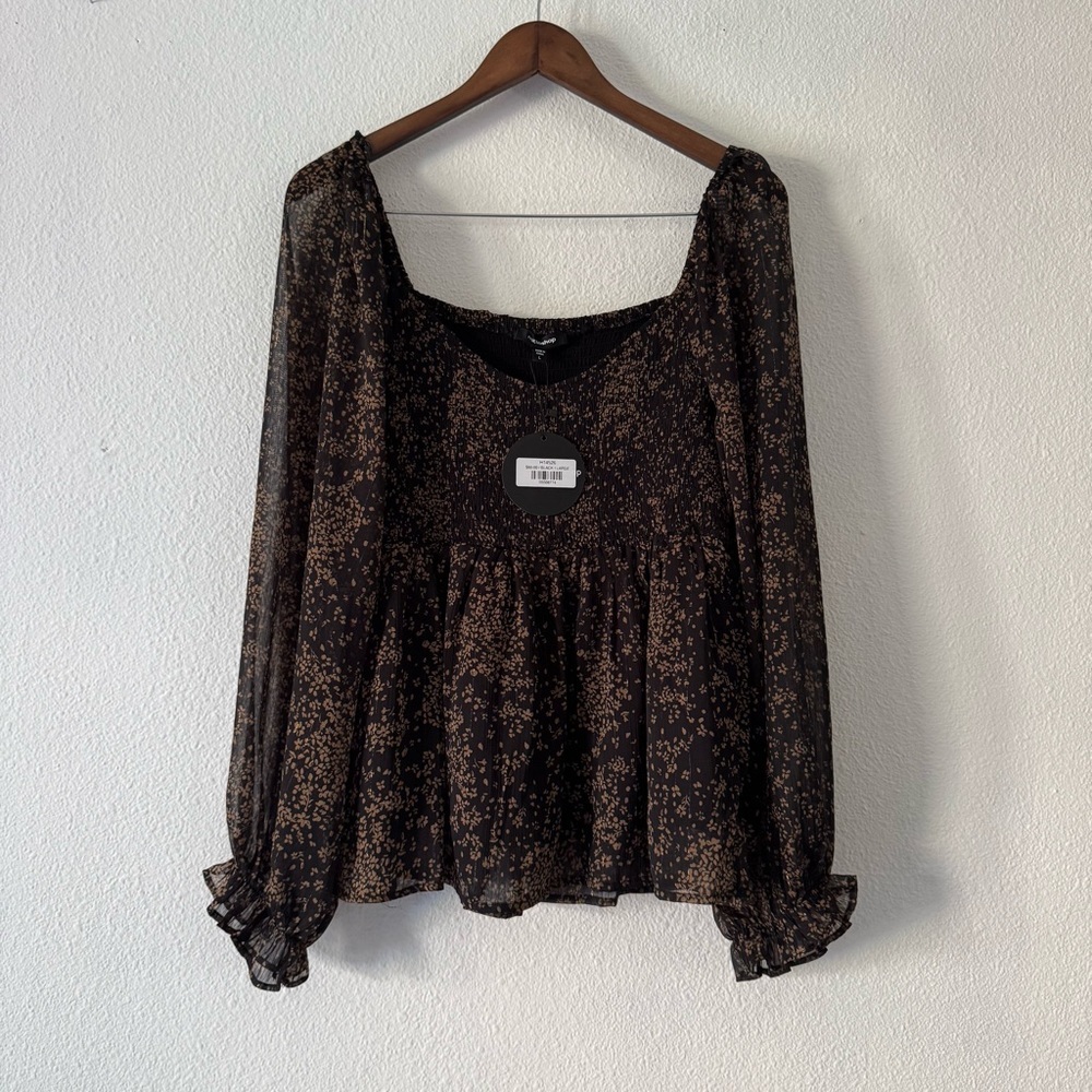 Mittoshop Floral Smocked Long Sleeve Black Tan Top Large Boho Cottagecore - Picture 15 of 16
